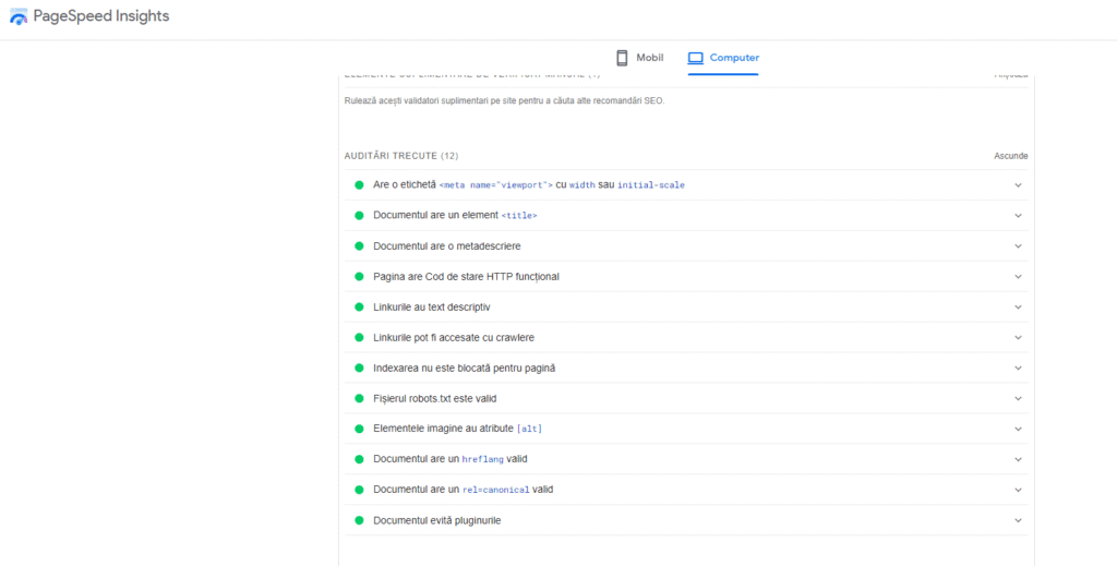 auditul PageSpeed Insights