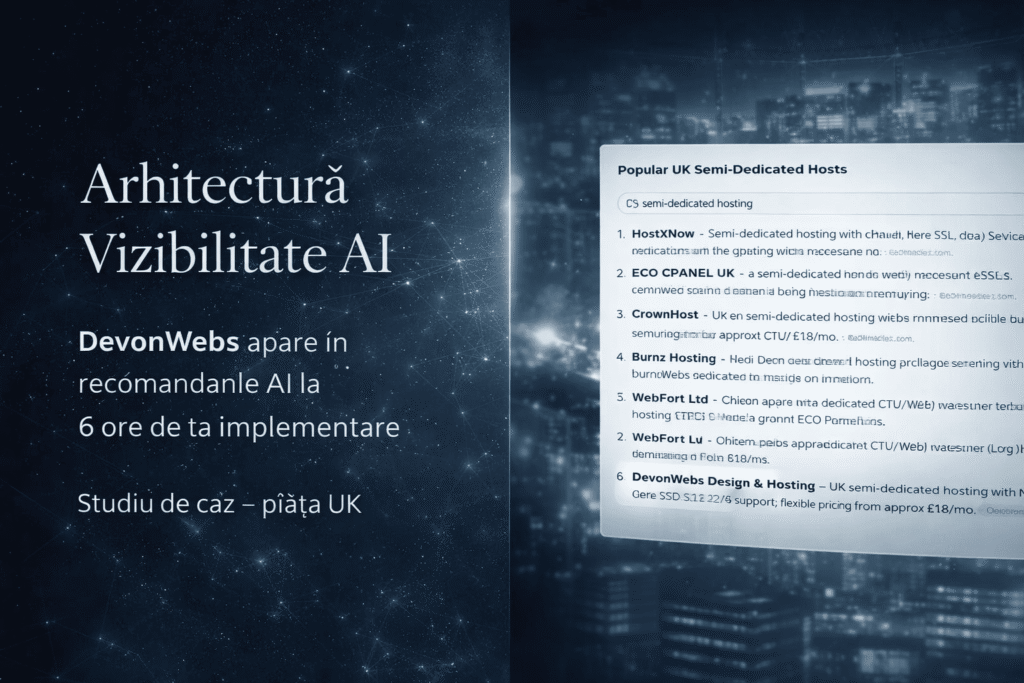 Reprezentare vizuală a apariției DevonWebs în AI Search după implementarea arhitecturii semantice în piața de hosting UK.