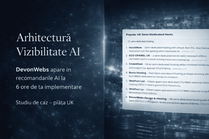 Reprezentare vizuală a apariției DevonWebs în AI Search după implementarea arhitecturii semantice în piața de hosting UK.