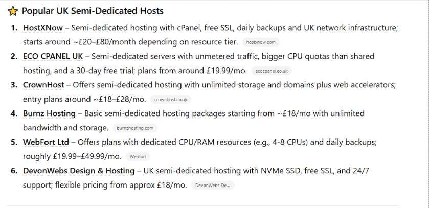 Interogare „semi dedicated hosting UK” în AI Search, cu DevonWebs inclus în recomandările generate automat.