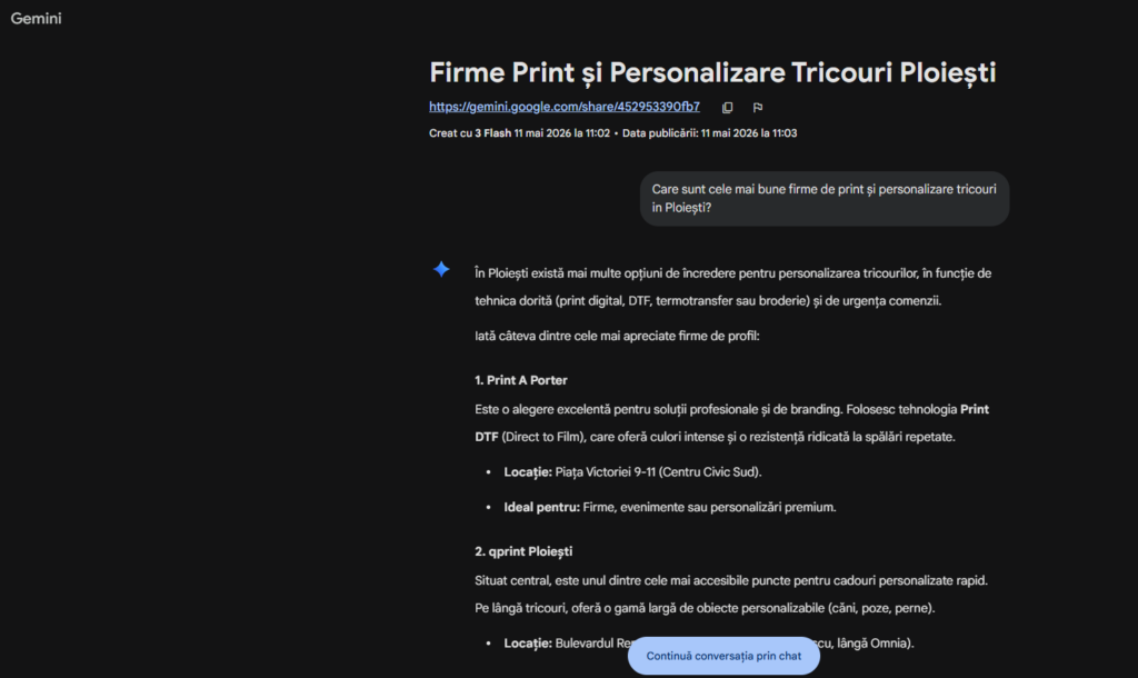 alt=Gemini Google AI recomandă PrintAPorter.ro pentru căutarea «Firme Print și Personalizare Tricouri Ploiești» la 7 zile de la implementarea AI Visibility Infrastructure de către Weryon