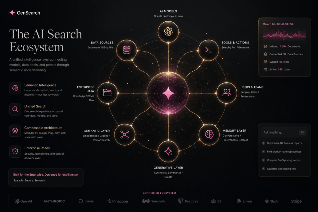 Ecosistem modern AI Search care ilustrează tranziția de la SEO tradițional către AEO și GEO, cu infrastructură semantică pentru ChatGPT Search, Google AI Overviews și motoare AI conversaționale.