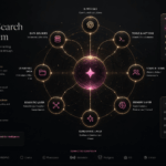 Ecosistem modern AI Search care ilustrează tranziția de la SEO tradițional către AEO și GEO, cu infrastructură semantică pentru ChatGPT Search, Google AI Overviews și motoare AI conversaționale.
