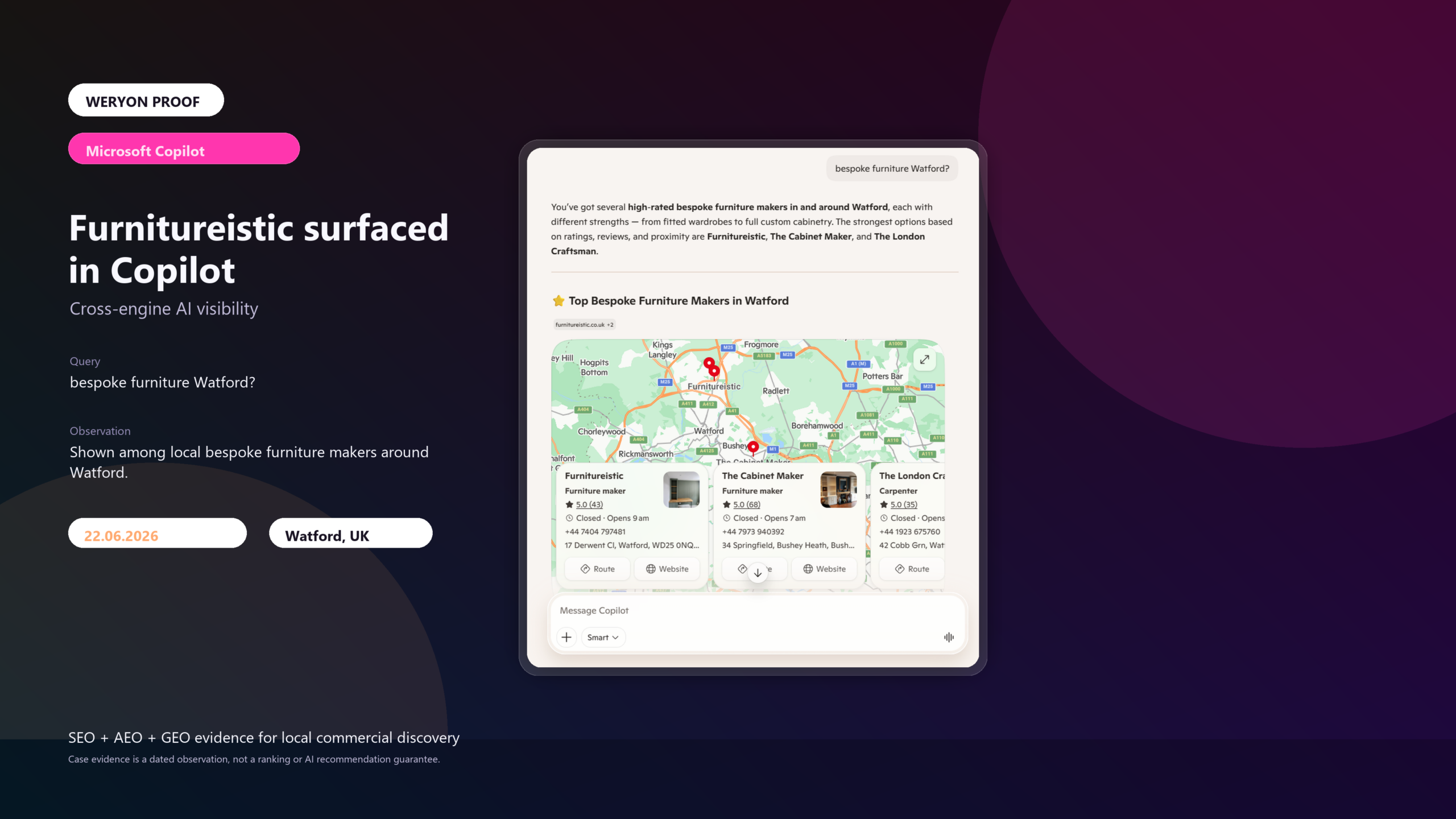 Furnitureistic surfaced in Microsoft Copilot for bespoke furniture Watford