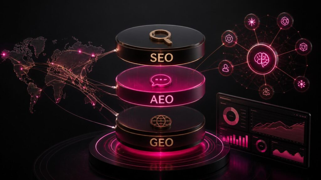 SEO AEO si GEO explicate pentru companii in strategia de vizibilitate Google si AI Search
