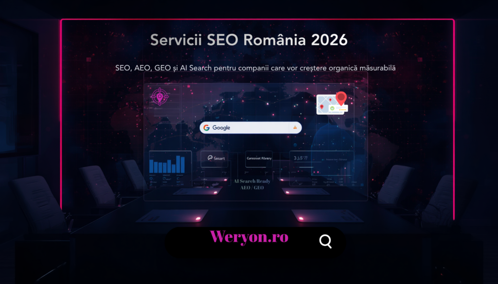 Cover editorial Weryon despre servicii SEO Romania 2026, AEO, GEO, AI Search si infrastructura de vizibilitate organica pentru companii