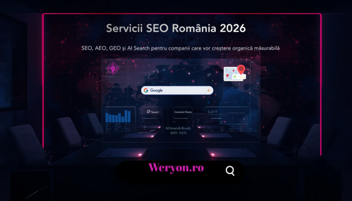Cover editorial Weryon despre servicii SEO Romania 2026, AEO, GEO, AI Search si infrastructura de vizibilitate organica pentru companii