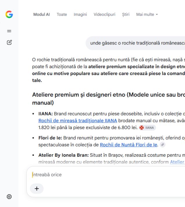 Google AI Mode menționează IIANA pentru o rochie tradițională românească de nuntă