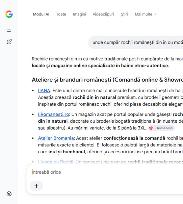 Google AI Mode menționează IIANA pentru rochii românești din in cu motive tradiționale