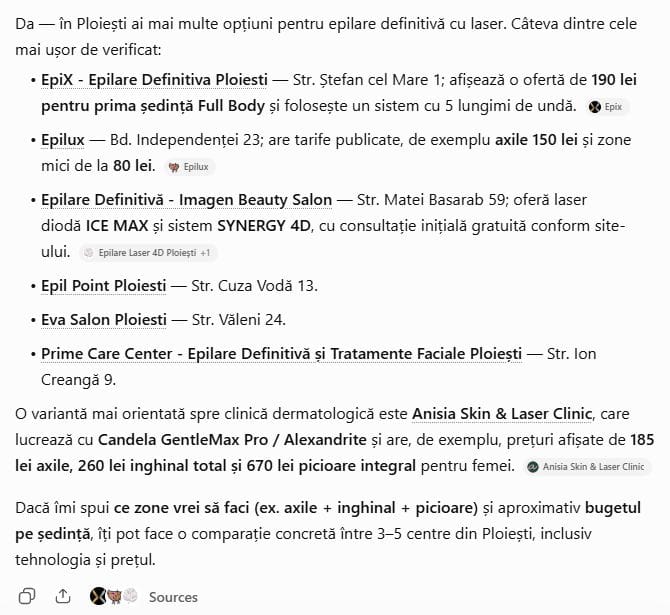 Imagen Beauty Salon, al treilea salon enumerat în răspunsul ChatGPT inspectat.