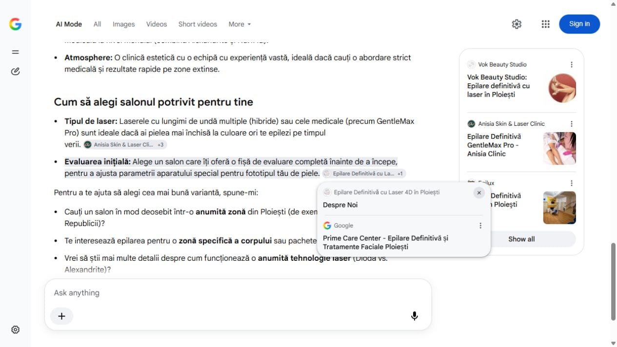 Google AI Mode citează websiteul Imagen pentru informații despre evaluarea inițială.